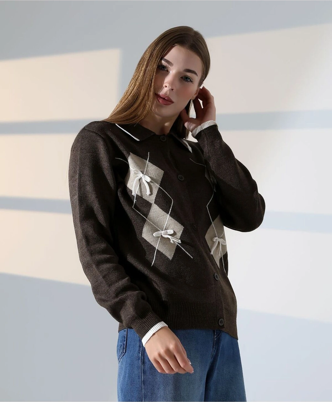 Redmina Fashion Baklava Desen Polo Yaka Kadın Kazak Kahverengi