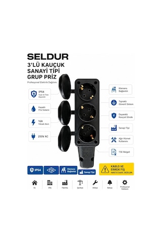 Seldur 3'lü Kauçuk Grup Priz Ip54 Topraklı Klemens Bağlantılı Kapaklı Sanayi Tipi Tse Belgeli Kablosuz