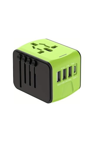Fochsia Green Global Seyahat Adaptörü Tip C 3 Usb Port Ve Ac Prizli Evrensel Seyahat Şarj Aleti Siyah