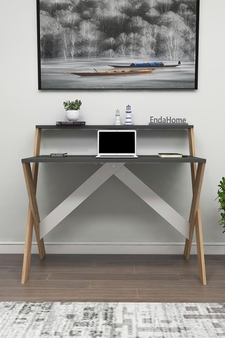 Enda Home X Ayaklı Raflı Ders Çalışma Masası 50x90 Cm Antrasit - Çam Atlantik Çam - Antrasit