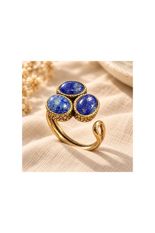 Esoo Jewelry Doğal Taş Detaylı 3 Taşlı Vintage Gold Ayarlanabilir Kadın Yüzük - Saks Mavi Koyu Mavi