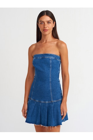 Dilvin Pileli Straplez Denim Elbise Mavi