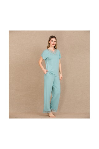 L'ombre Viskon Şık Tasarım Dantel İşlemeli Mint Yeşil Kısa Kol Pijama Takımı Nane Mint