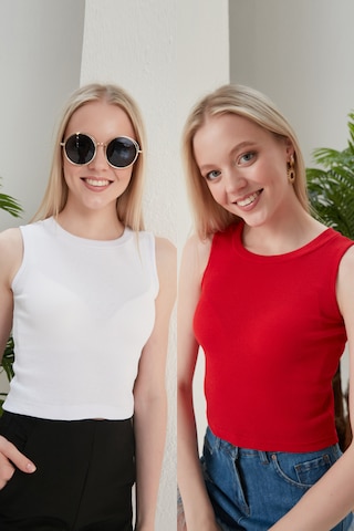 Catspy Kadın Halter Yaka 2'li Crop Bluz Atlet Beyaz - Kırmızı