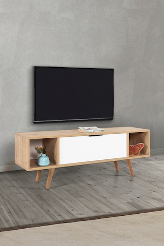 3328 Mesir 130 Cm Ahşap Ayaklı , Metal Kulplu Tv Ünitesi , Safir - Beyaz , Tv Sehpası Safir - Beyaz