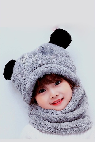 Bundera Panda Çocuk Kapşonlu Peluş Bere Atkı Welsoft Boyunluk