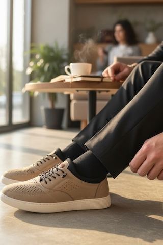 Enoch Hakiki Deri Lazer Kesim Dikişli Erkek Sneaker Ortopedik Taban Bej