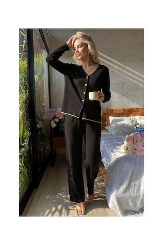 I-moda Premium Kadın Fitilli Pijama Takımı Siyah Gold Biye Detaylı, Yumuşak Dokulu Ev Şıklığı
