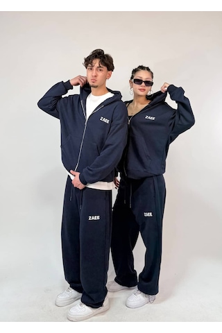 Zaee İnce Kumaş Nakışlı Oversize Premium Zip Hoodie Lacivert