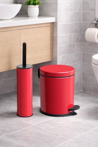 Vinoks Eko Serisi Ayak Basmalı Özellikli 2'li Banyo Seti 3 Litre Çöp Kovası Ve Kolozet Fırçası Paslanmaz Kırmızı Kırmızı - Siyah
