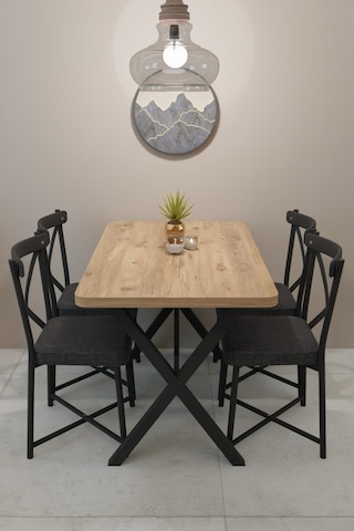 Modern Yemek Masası Takımı 70x110 Cm Oval Mutfak Masası & 4 Adet Tonet Model Kumaş Döşemeli Sandalye Atlantik Çam