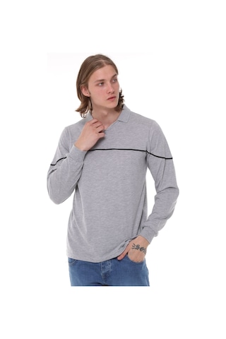 Uniprom Uzun Kollu Erkek T- Shirt Penye Polo Yaka %100 Pamuk Gri Melanj Açık Gri Melanj