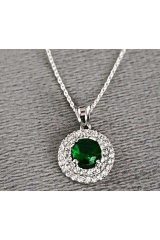 Lilahgümüştr Gümüş Yeşil Taşlı Yuvarlak Kadın Kolye