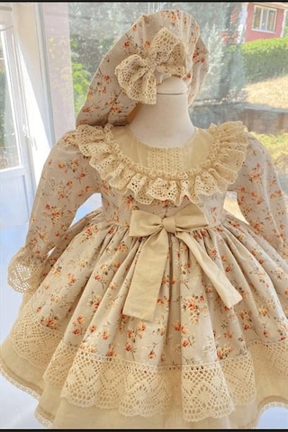 H L Y Karol Tasarım Vintage Model Çiçekli Elbise - Çocuk Abiyesi - Doğum Günü Kıyafeti 0-12 Yaş İçin Uygun KREM