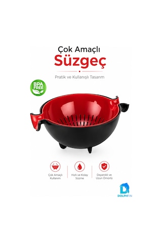 Çok Amaçlı Süzgeç Ve Badya Seti 30x25x13 Cm Sebze Meyve Makarna Süzme Kabı Bpa İçermez Kırmızı - Siyah