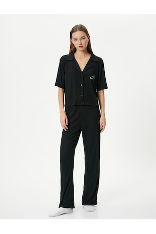 Koton Kısa Kollu Pijama Takımı Nakışlı Viskon Karışımlı Gömlek Yaka Siyah 4slk40117mk 4SLK40117MK999 Siyah