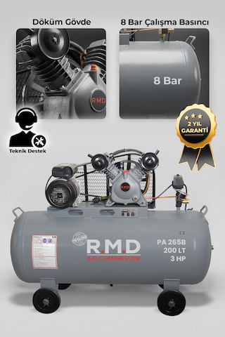 R.m.d Kompresör Hava Kompresörü Pistonlu 200 Lt 2 Kafa 8 Bar 3 Hp I Pa265b