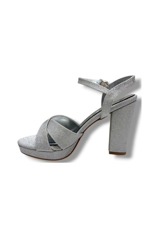 Erbay 308-26 Simli Saten Çapraz Bant Kalın Topuk Kadın Sandalet 11cm Gümüş