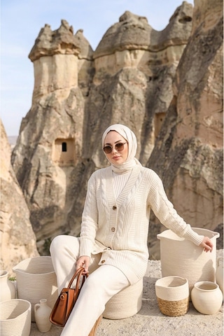 Sayzen Your Shine Trend Saç Örgülü Düğmeli Tunik Hırka Ekru