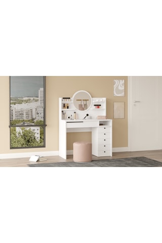 Paris Makyaj Masası Aynalı Çekmeceli Şifonyer Raf Beyaz