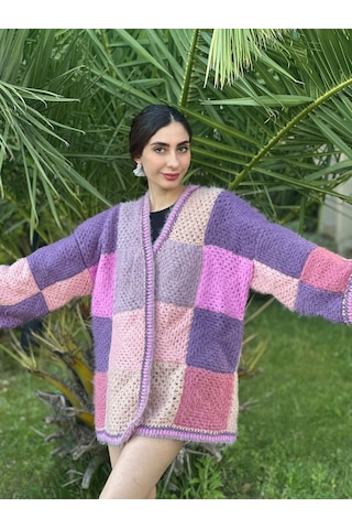 Gönülden Tasarım El Örgüsü Peluş Yumuşak Kadın Oversize Hırka Renkli