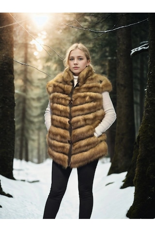 Kadın Kolsuz Hakiki Kürk - Kahve Çok Renkli