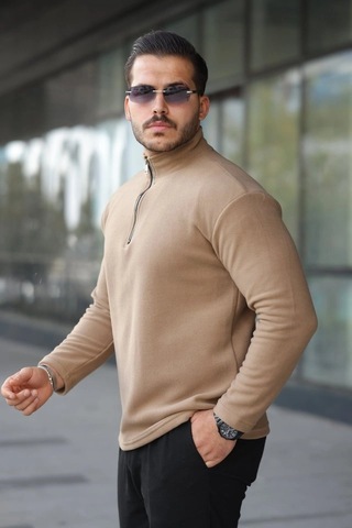 Valensdesign Erkek Zip Yaka Polar Sweat Sütlü Kahve