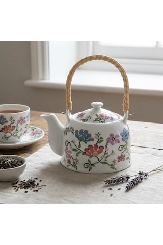 Porselen Çini Piraye Demlik - Bambu/hasır Saplı, Ateşe Dayanıklı Nostaljik Bitki Çayı Ve Çay Demliği 900 Ml - 2 Farklı Desen Seçeneği Pıraye 1