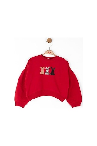 Kız Çocuk Pamuklu Orta Kalınlık Tavşan Baskılı Sweatshirt-14716 Kırmızı