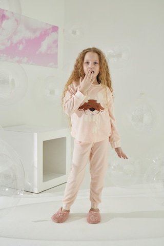 Kız Garson Uzun Kol Kadife Pembe Pijama Takımı C8t5n5o7 001