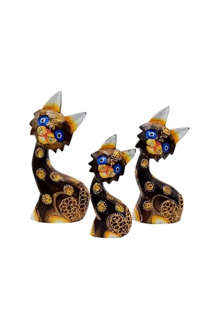 Ahşap Aborjin Üçlü Kedi Dekoratif Biblo No.1 16 Cm
