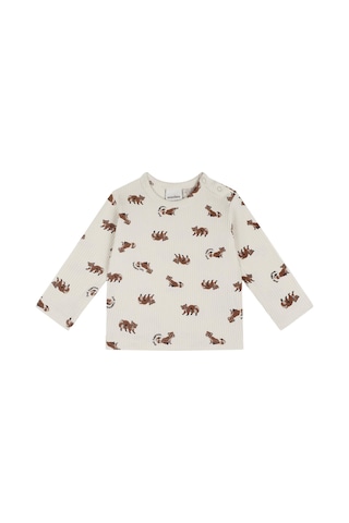 Antebies Organik Bej Rakun Desenli Beli Lastikli Bağcıklı Uzun Kollu Erkek Bebek Tshirt Eşofman Takımı Kahve
