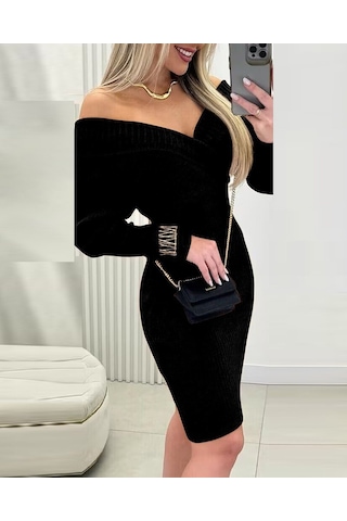 Tua Moda Kadın Uzun Kollu Omuzlardan Açık Kruvaze Yaka Kısa Triko Elbise Siyah