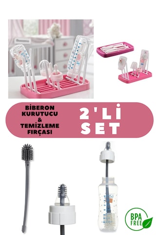 Biberon Kurutucu Ve Temizlik Fırçası 2'li Set Pembe