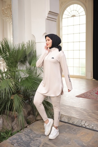 Mimi Luxury Wear Bej Kadın Fermuarlı Dalgıç Kumaş Standart Kalıp Jogger Eşofman Takımı 358