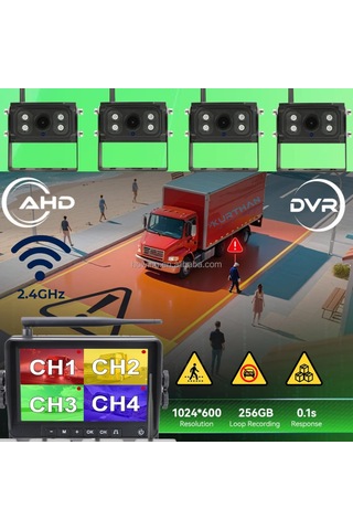 4 Adet Kablosuz Kamera Ahd 1080p 7 İnç Dvr Monitör Bsd Kör Nokta Sistemli 12 24 V