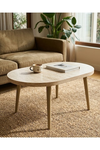 Traverten Desenli Orta Sehpa 100x60 Cm Cappuccino Ahşap Ayaklı Modern Salon Sehpası