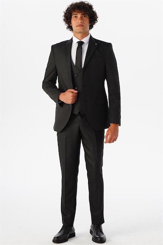 Süvari Siyah Slim Fit Armürlü Sivri Yaka 6 Drop Yelekli Klasik Takım Elbise
