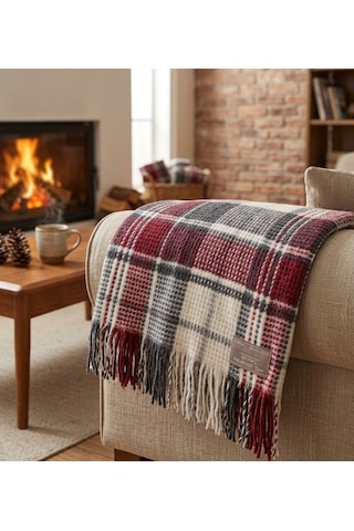 Livoras Home Dinarsu Cozy Life Pamuklu Tv Battaniyesi 130 X 170cm İnka Kırmızı Bej Kırmızı Ekoseli