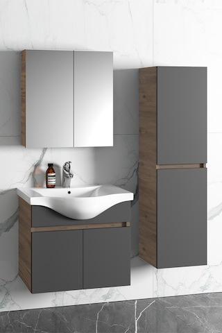 Yıldız 55+35 Cm Atlantik Çam- Antrasit Gri Mat Mdf Seramik Lavabo Antrasit - Atlantik Çam