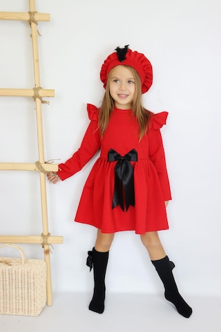 Kız Çocuk Kırmızı Sofia Pamuklu Fiyonk Detaylı Elbise Kep Abiye Takım Kırmızı