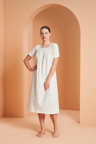 Pjs 27160 Kadın Çiçek Desenli Düğmeli Yaka Kısa Kol Gecelik Ekru