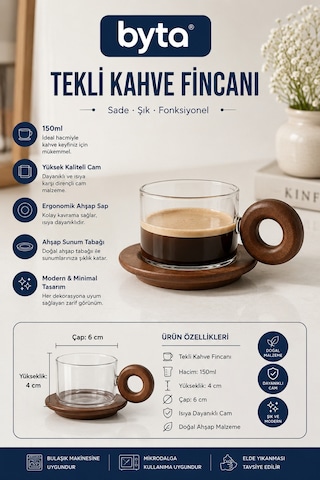 Ahşap Kulplu Cam Kahve Fincanı 150 Ml Tekli Modern Tasarım Sunum Fincanı Şeffaf