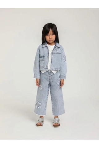 Kız Çocuk Yıldız İşlemeli Cepli Kot Ceket-15648 Mavi