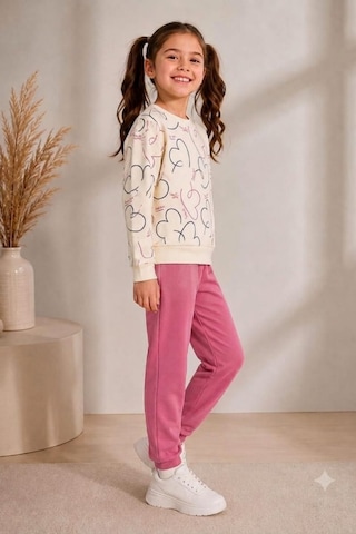 Pina Kids Kız Çocuk Kalpli Desenli Okul Günlük Eşofman Takımı Esf7035 Pembe