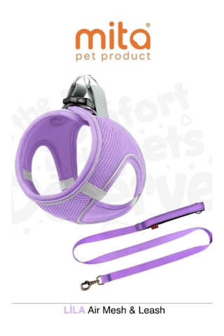 Mita Aır Mesh 2'lı Bundle Set Kedı Köpek Göğüs Tasması + Köpek Gezdırme Tasması/kayışı Lila L