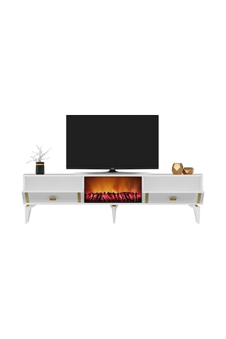 Dorruk Tv Sehpası Alt Modül Şömineli Beyaz-altın