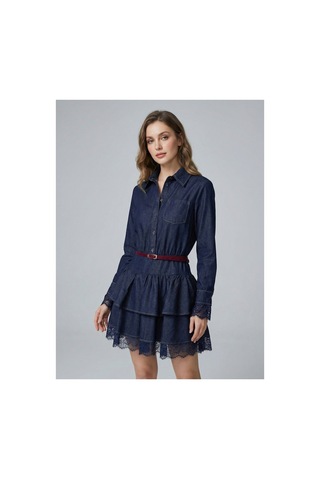 Meecy Kemerli Gömlek Yaka Dantel Garnili Jean Elbise Romantik Stil Mini Denim Elbise Lacivert Lacivert