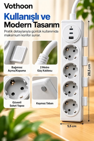 4 Lü Çoklu Priz Kolay Fiş Çıkarma Mandallı, 15w Type-c & Usb Hızlı Şarj Krem 2 M