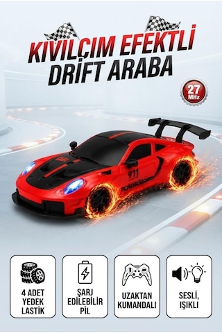 Uzaktan Kumandalı Kıvılcım Efekt Porsche Drift Yarış Arabası 4 Adet Yedek Lastik 26 Cm Sesli Oyuncak Kırmızı